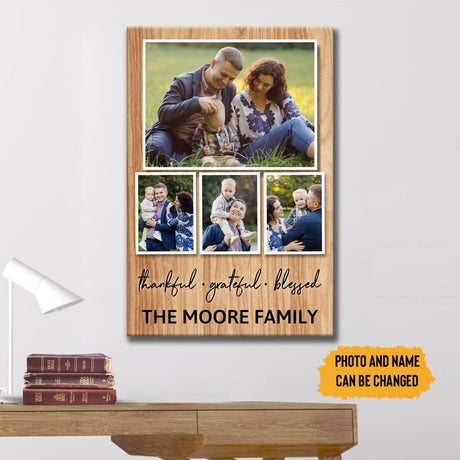 Personalized wall art canvas with "Thankful Grateful Blessed," custom family name, and photos, perfect for Christian gifts. Inspirational wall art featuring "Thankful Grateful Blessed," with custom family name and photos, ideal for faith-based décor. Faith-based personalized wall art with "Thankful Grateful Blessed," custom family name, and photos, great for Christian homes. Customizable Christian wall art canvas with "Thankful Grateful Blessed," family name, and photos, perfect for religious gifts. Christi
