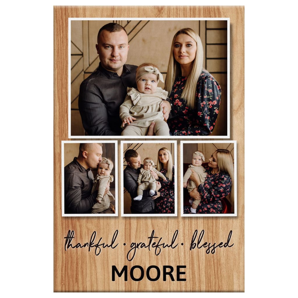 Customizable Christian wall art canvas with "Thankful Grateful Blessed," family name, and photos, perfect for religious gifts.