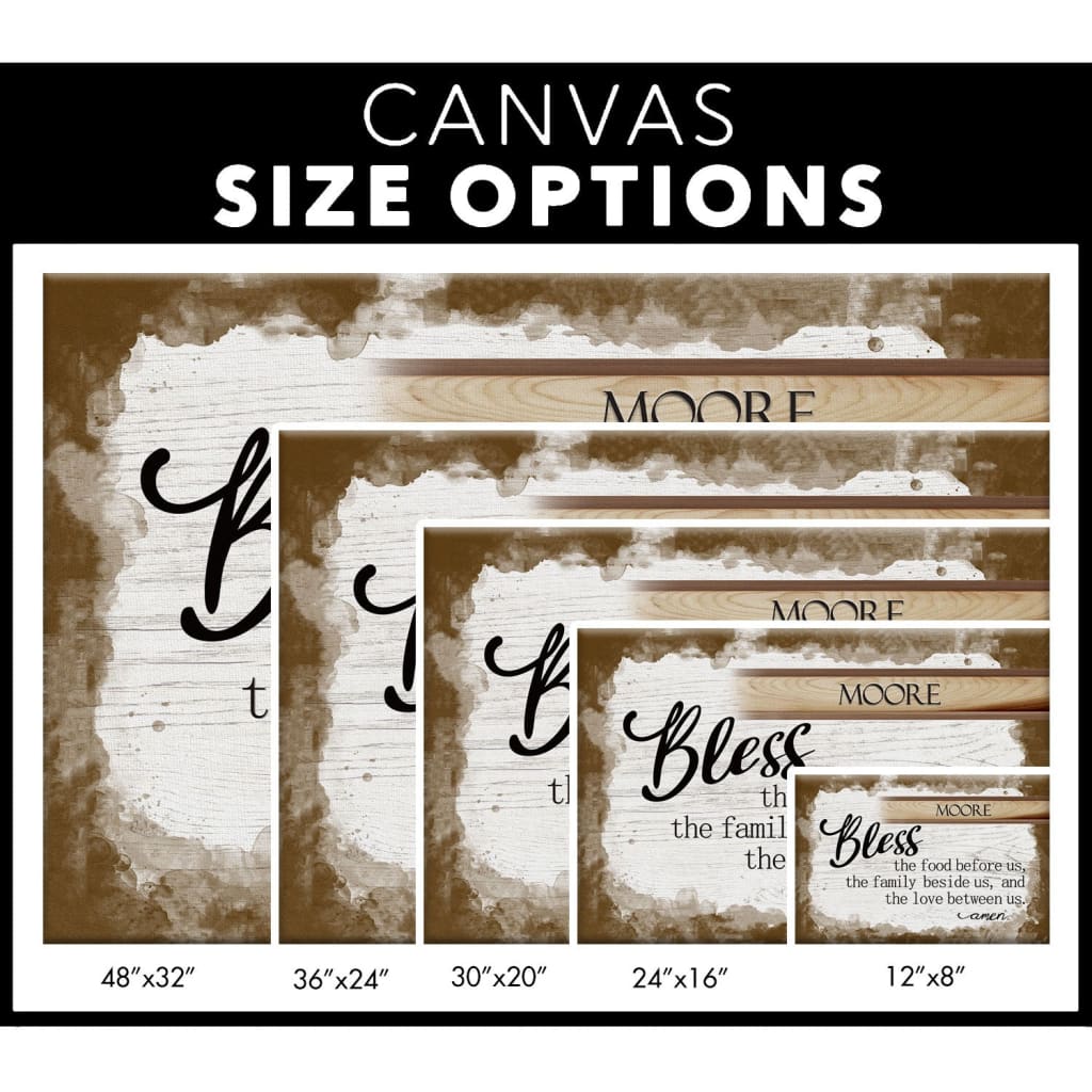 Canvas Size Options, Faith-based wall art print with "Bless the Food Before Us" and personalized family name, perfect for religious gifts.