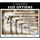 Canvas Size Options, Faith-based wall art print with "Bless the Food Before Us" and personalized family name, perfect for religious gifts.
