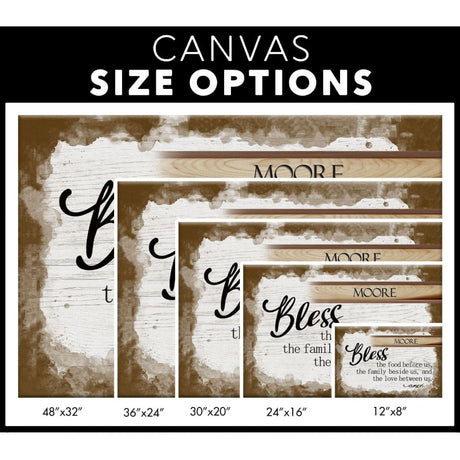Canvas Size Options, Faith-based wall art print with "Bless the Food Before Us" and personalized family name, perfect for religious gifts.