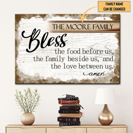 Personalized Christian wall art with "Bless the Food Before Us" and custom family name, perfect for faith-based décor.