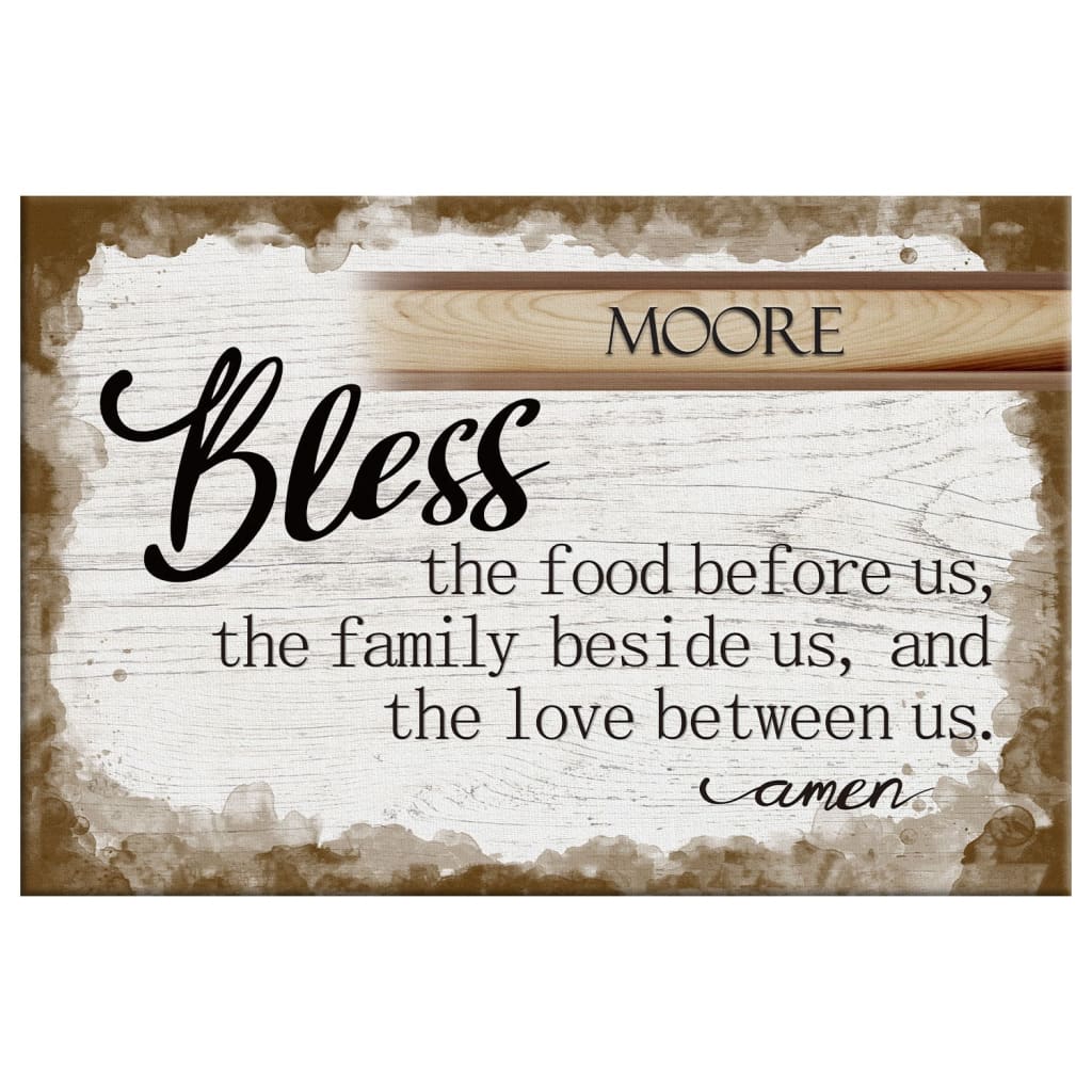 Customizable wall art with "Bless the Food Before Us" and family name, great for Christian home décor.