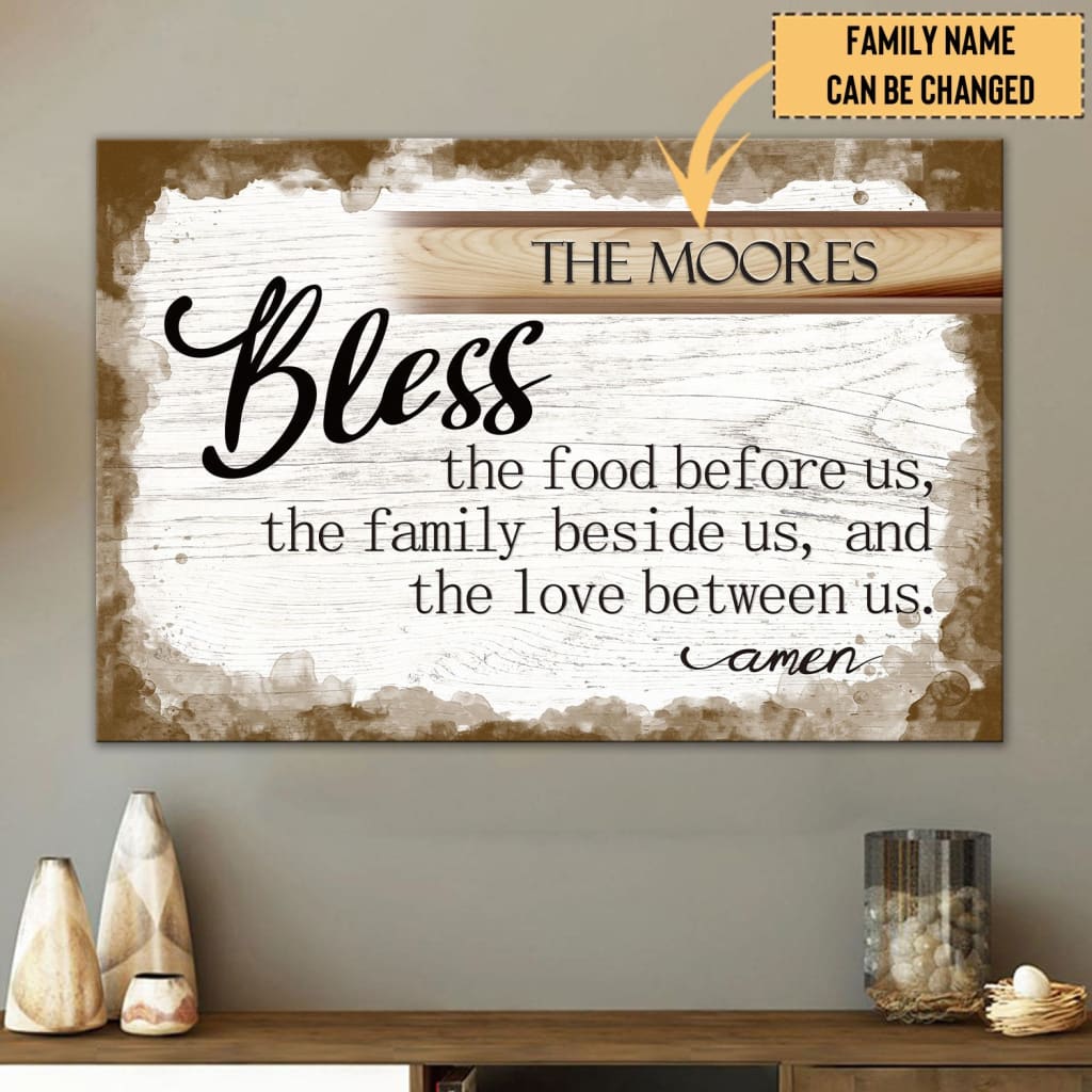 Inspirational wall art canvas featuring "Bless the Food Before Us" with personalized family name, ideal for Christian gifts.