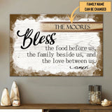 Inspirational wall art canvas featuring "Bless the Food Before Us" with personalized family name, ideal for Christian gifts.
