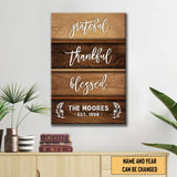 Inspirational wall art featuring "Grateful Thankful Blessed" with personalized family name and established year, ideal for faith-based gifts.