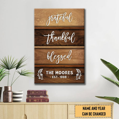 Inspirational wall art featuring "Grateful Thankful Blessed" with personalized family name and established year, ideal for faith-based gifts.