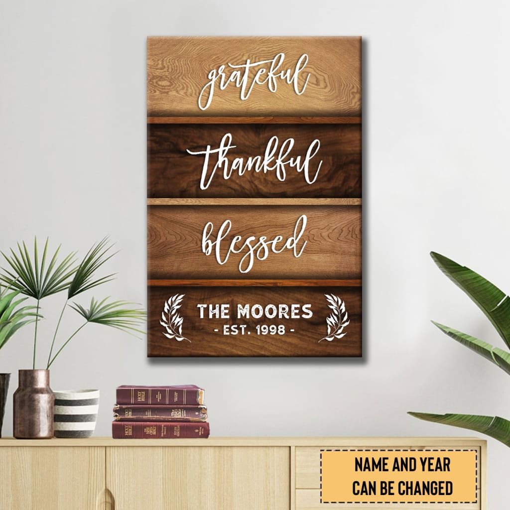 Inspirational wall art featuring &quot;Grateful Thankful Blessed&quot; with personalized family name and established year, ideal for faith-based gifts.