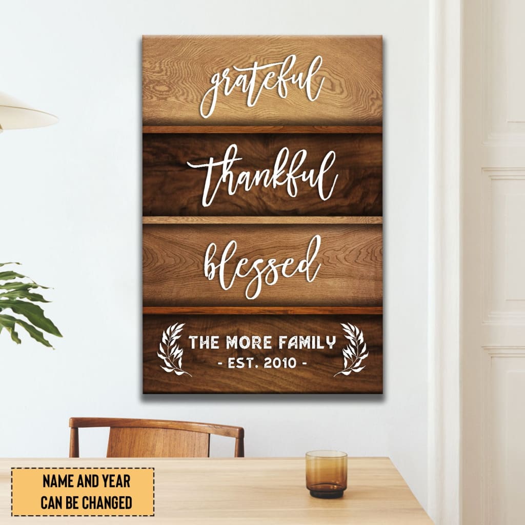 Personalized wall art canvas with "Grateful Thankful Blessed," custom family name, and established year, perfect for Christian homes.