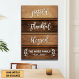 Personalized wall art canvas with "Grateful Thankful Blessed," custom family name, and established year, perfect for Christian homes.