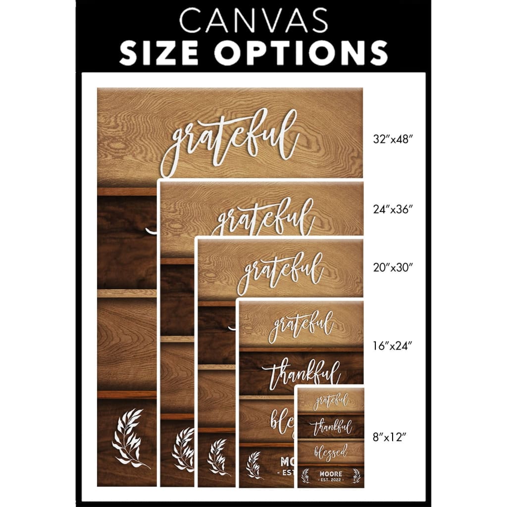 Personalized family name Grateful thankful blessed wall art canvas size options