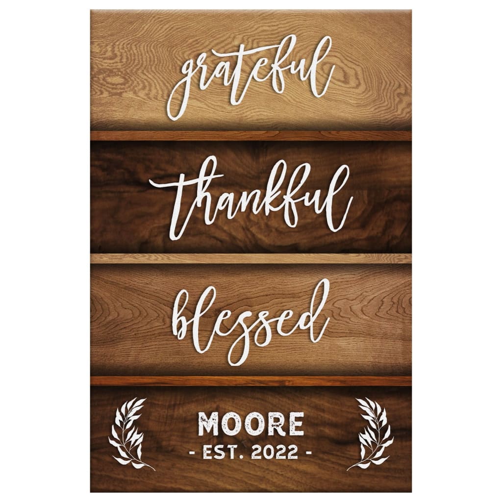 Customizable Christian wall art with "Grateful Thankful Blessed," family name, and established year, great for religious décor.