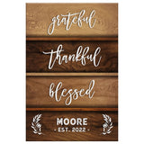 Customizable Christian wall art with "Grateful Thankful Blessed," family name, and established year, great for religious décor.