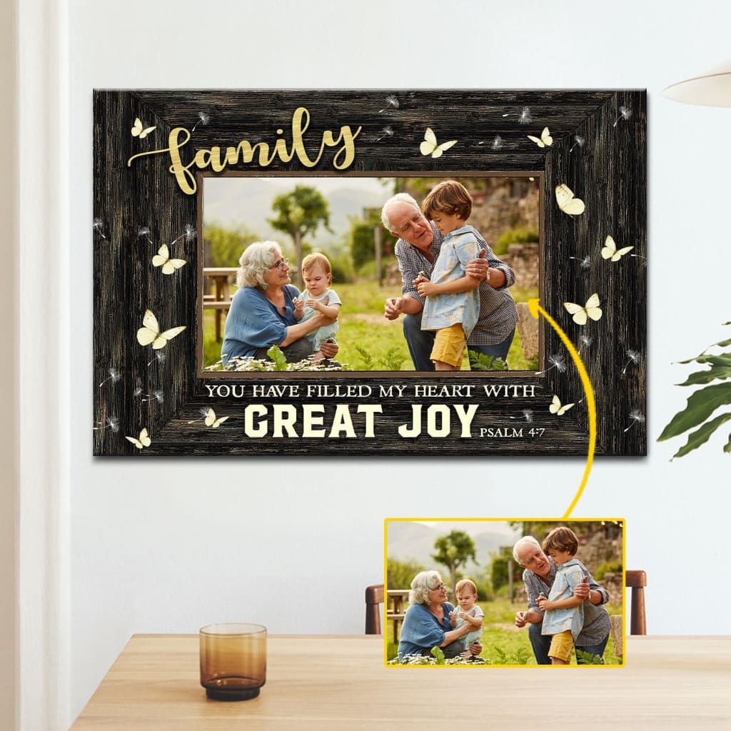 Christian wall art with Psalm 4:7 "You Have Filled My Heart With Great Joy" and custom photo, ideal for inspirational gifts.