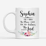 Faith-based mug with Jeremiah 29:11 Bible verse and personalized name, great for religious and inspirational gifts.