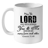 Christian mug with Genesis 31:49 Bible verse and custom photo, perfect for faith-based and inspirational gifts.