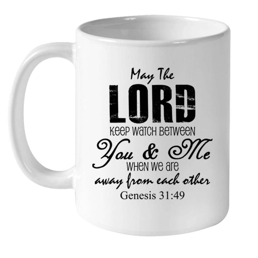 Christian mug with Genesis 31:49 Bible verse and custom photo, perfect for faith-based and inspirational gifts.