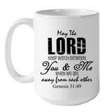 Faith-based mug with Genesis 31:49 Bible verse and personalized photo, great for religious and inspirational gifts.
