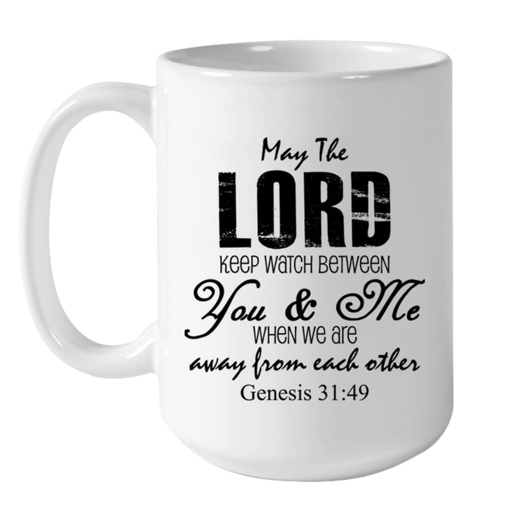 Faith-based mug with Genesis 31:49 Bible verse and personalized photo, great for religious and inspirational gifts.