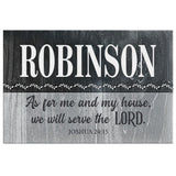 Inspirational wall art with "As For Me And My House" Joshua 24:15 and custom family name, great for religious décor.