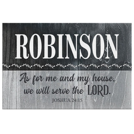 Inspirational wall art with "As For Me And My House" Joshua 24:15 and custom family name, great for religious décor.