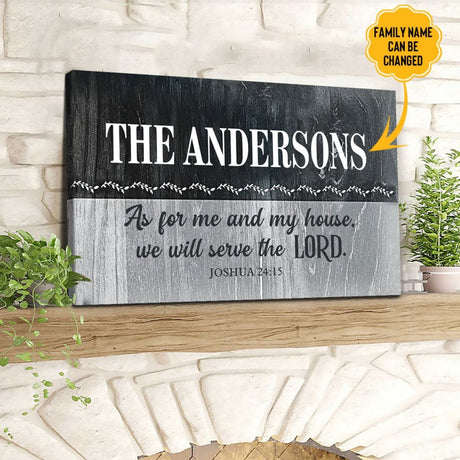 Personalized wall art canvas featuring "As For Me And My House" Joshua 24:15, custom family name, ideal for Christian homes.