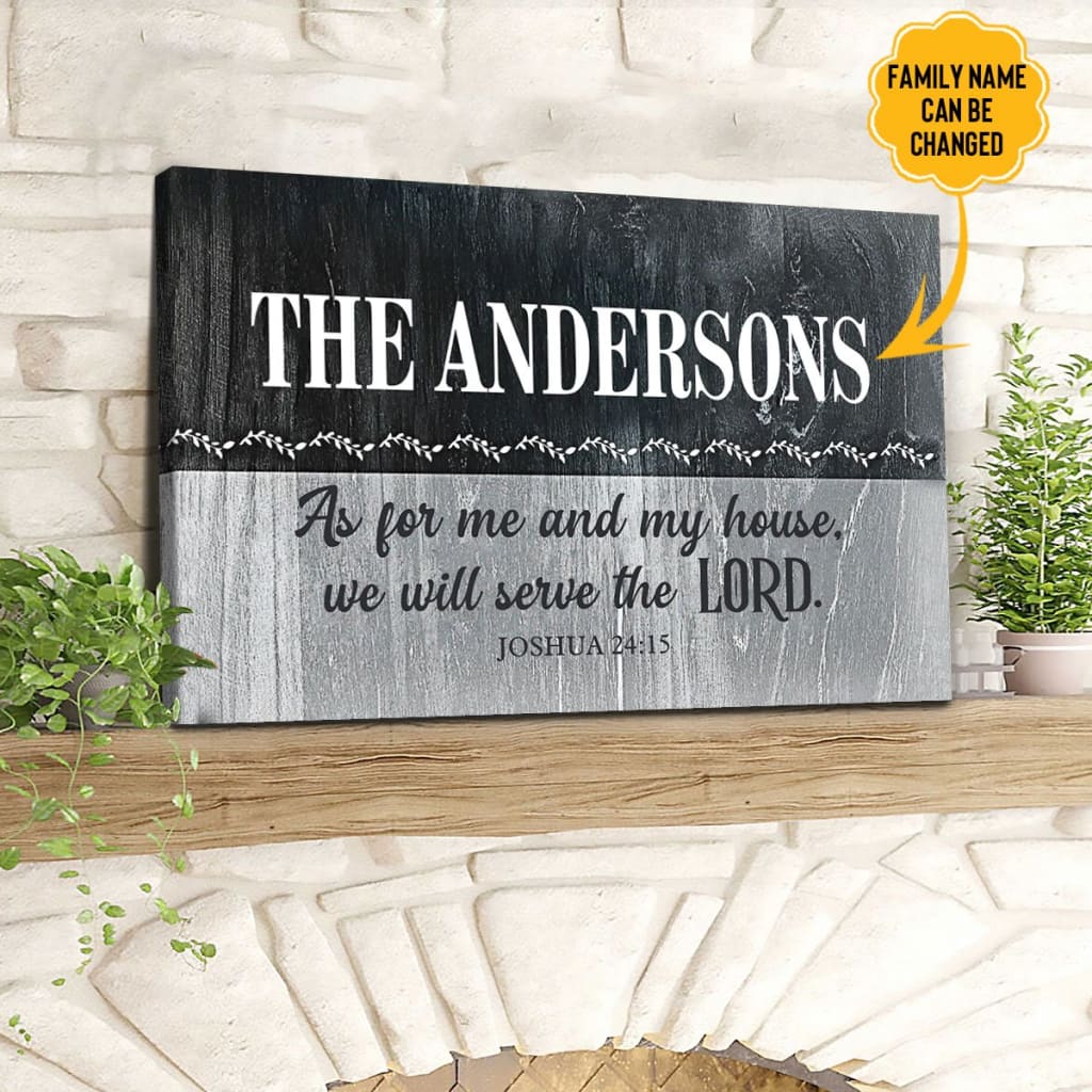 Personalized wall art canvas featuring &quot;As For Me And My House&quot; Joshua 24:15, custom family name, ideal for Christian homes.