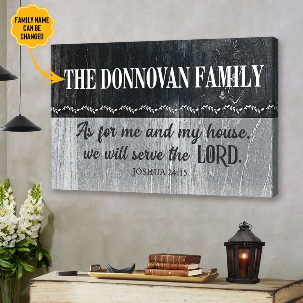 Christian wall art with &quot;As For Me And My House&quot; Joshua 24:15 and custom family name, perfect for faith-based gifts.