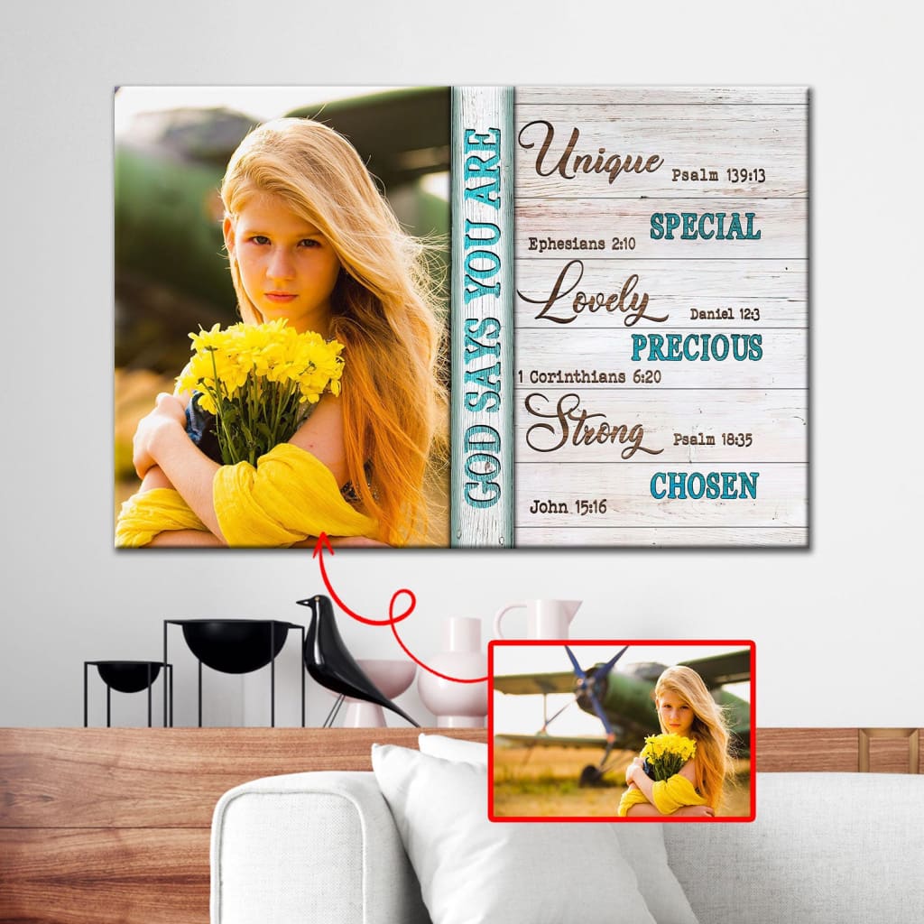 Personalized Christian wall art featuring "God Says You Are" and custom photo, ideal for faith-based decoration.