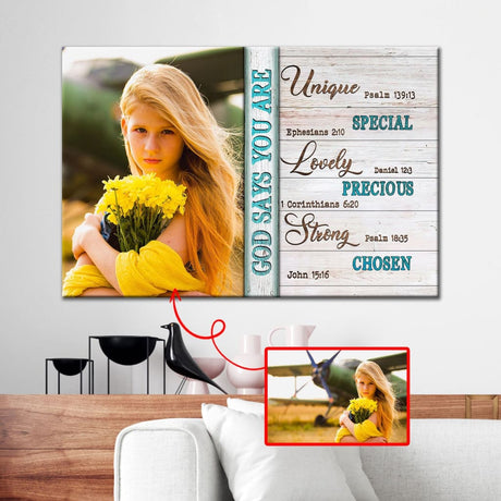Personalized Christian wall art featuring "God Says You Are" and custom photo, ideal for faith-based decoration.