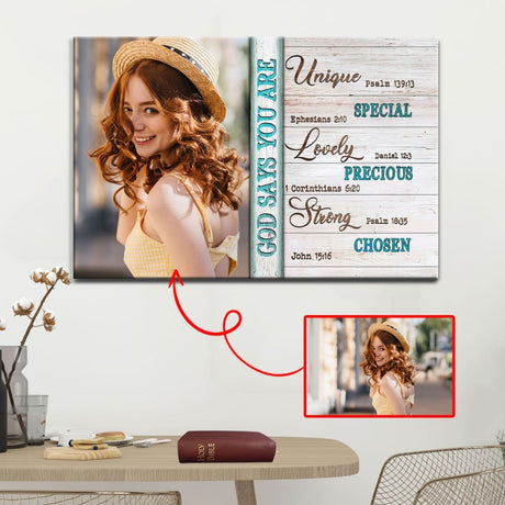 Personalized "God Says You Are" wall art canvas with custom photo, perfect for Christian gifts and home decor.