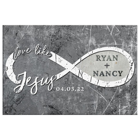 Customizable "Love Like Jesus" wall art with names and date, great for religious home decoration.
