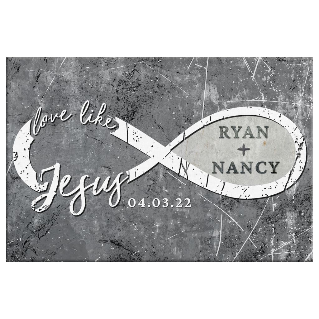 Customizable "Love Like Jesus" wall art with names and date, great for religious home decoration.