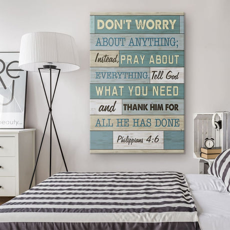 Faith-based canvas print with Philippians 4:6, great religious gift for scripture-inspired home decor, for bedroom.