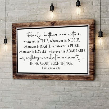 Christian wall art featuring Philippians 4:8 with Brown border, perfect inspirational gift for home or office.