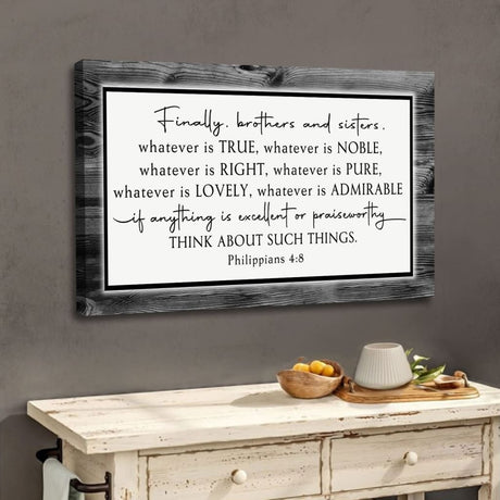 Faith-inspired Philippians 4:8 wall art, Gray border with "Whatever is true," ideal Christian gifts.