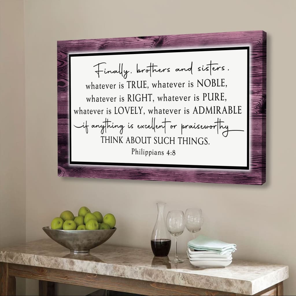 Philippians 4:8 wall art with "Whatever is true, whatever is noble," purple border, ideal Christian gift and decor.