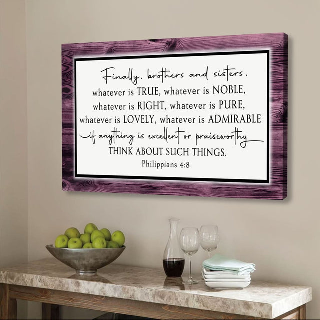Philippians 4:8 wall art with "Whatever is true, whatever is noble," purple border, ideal Christian gift and decor.