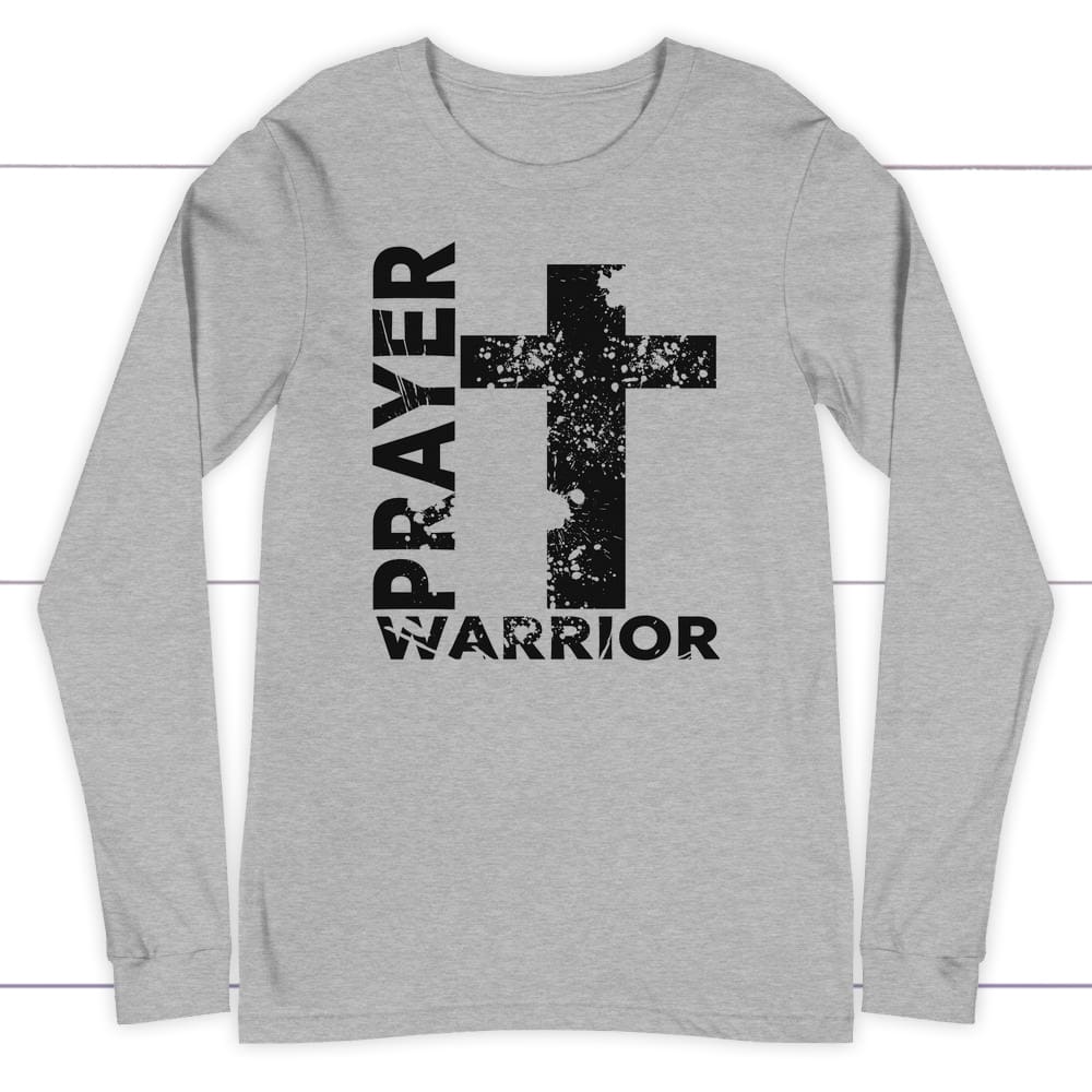 Prayer warrior big cross long sleeve t-shirt | christian apparel Athletic Heather / S