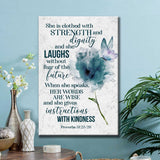 Bible verse wall art canvas featuring Proverbs 31:25-26 NLT, "She Is Clothed With Strength And Dignity," a beautiful piece for Christian decor.