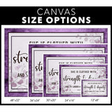 Christian wall decor with Proverbs 31:25, "She is clothed with strength & dignity," framed in a purple wooden border / canvas size options.