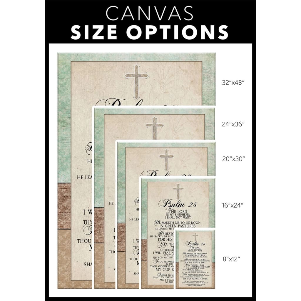 Scripture wall art featuring Psalm 23 in a rustic style, perfect for Scripture-inspired home decor / canvas size options.