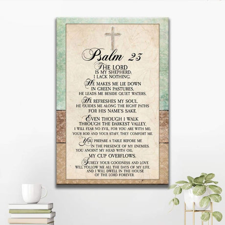 Christian wall art canvas featuring Psalm 23 NIV, rustic design, perfect faith-based home decor.