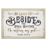 "He Leads Me Beside The Still Waters" Psalm 23:2-3 Canvas Wall Art, rustic Christian wall decor, Scripture-based design.
