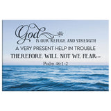 Christian faith wall art displaying Psalm 46:1-2, "God Is Our Refuge And Strength," alongside a serene seascape, great religious decor for homes.