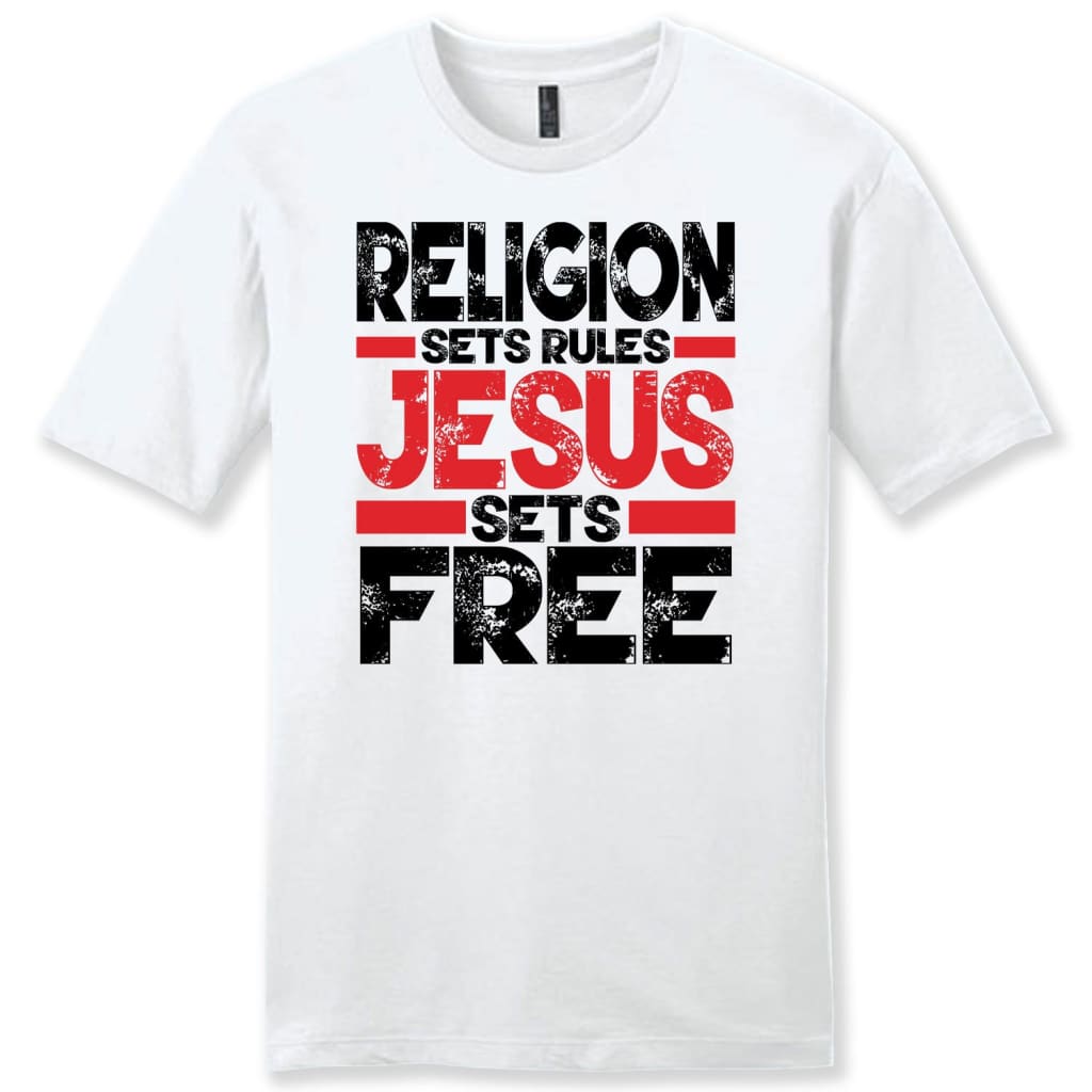 Religion sets rules Jesus sets free mens Christian t-shirt White / S