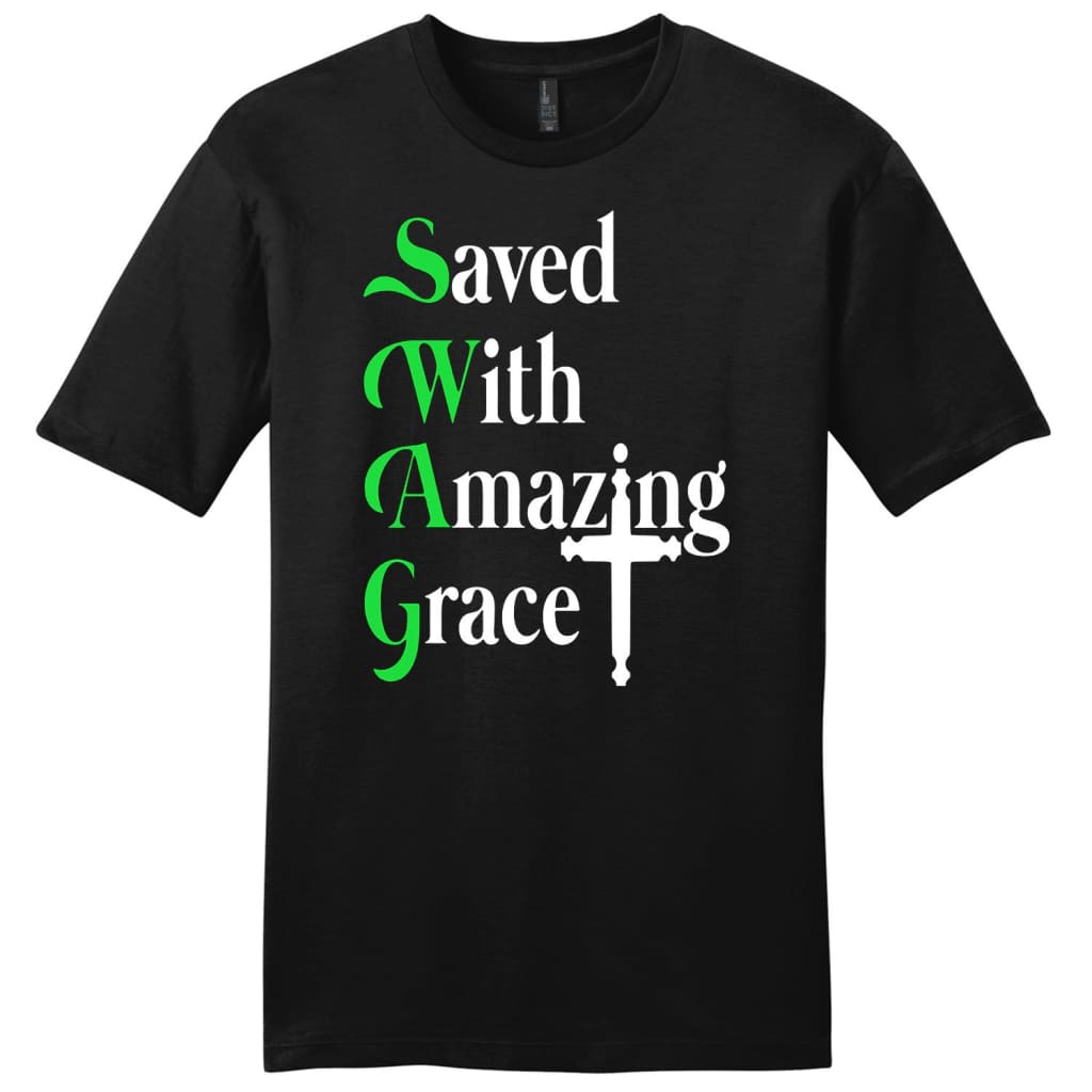Saved with amazing grace mens Christian t-shirt Black / S