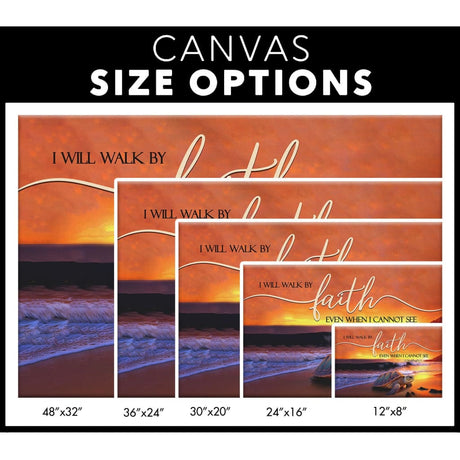Sea turtle on a sunset beach, "I Will Walk By Faith Even When I Cannot See," inspirational Christian canvas decor / canvas size options.
