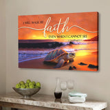 "I Will Walk By Faith Even When I Cannot See" wall art canvas with sea turtle at sunset, Christian decor.