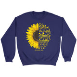 She is clothed with strength and dignity Proverbs 31:25 Sunflower Christian sweatshirt Purple / S